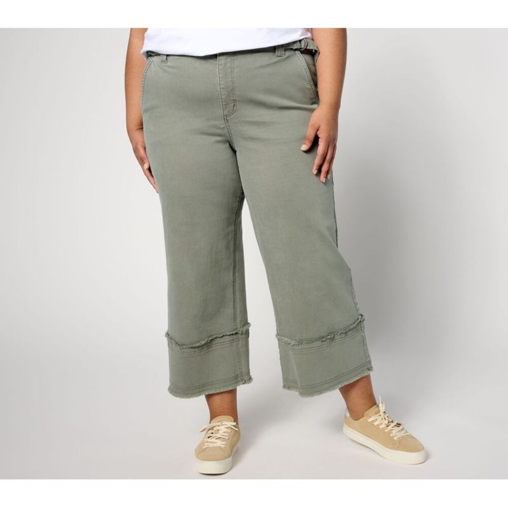 Revers-A-Brella Women's Petite Pants 16P Wide Leg Raw Edge Crop Green A631595